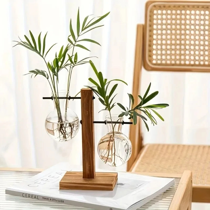 Hydroponic Glass Vase | Wooden Stand Propagation Station